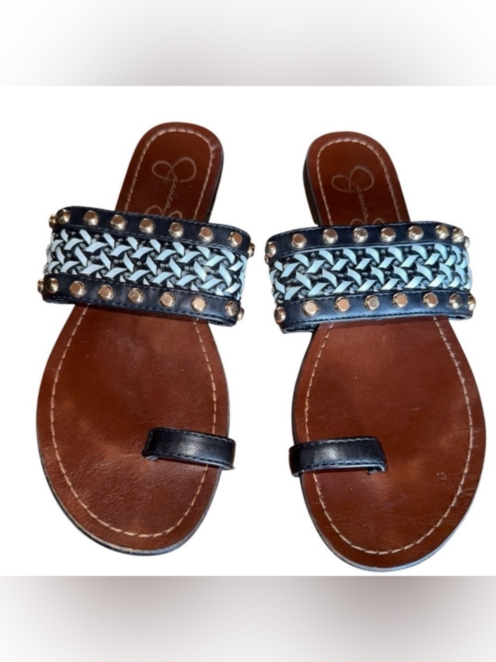 Jessica Simpson Studded Beaded Sandals Womens 6.5 Black Boho Summer Flats